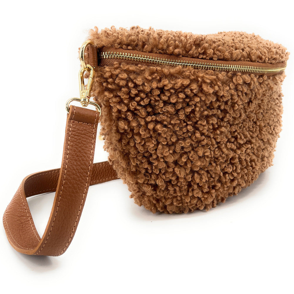 Grand sac banane en cuir et peluche LOU PILOU L Camel foncé