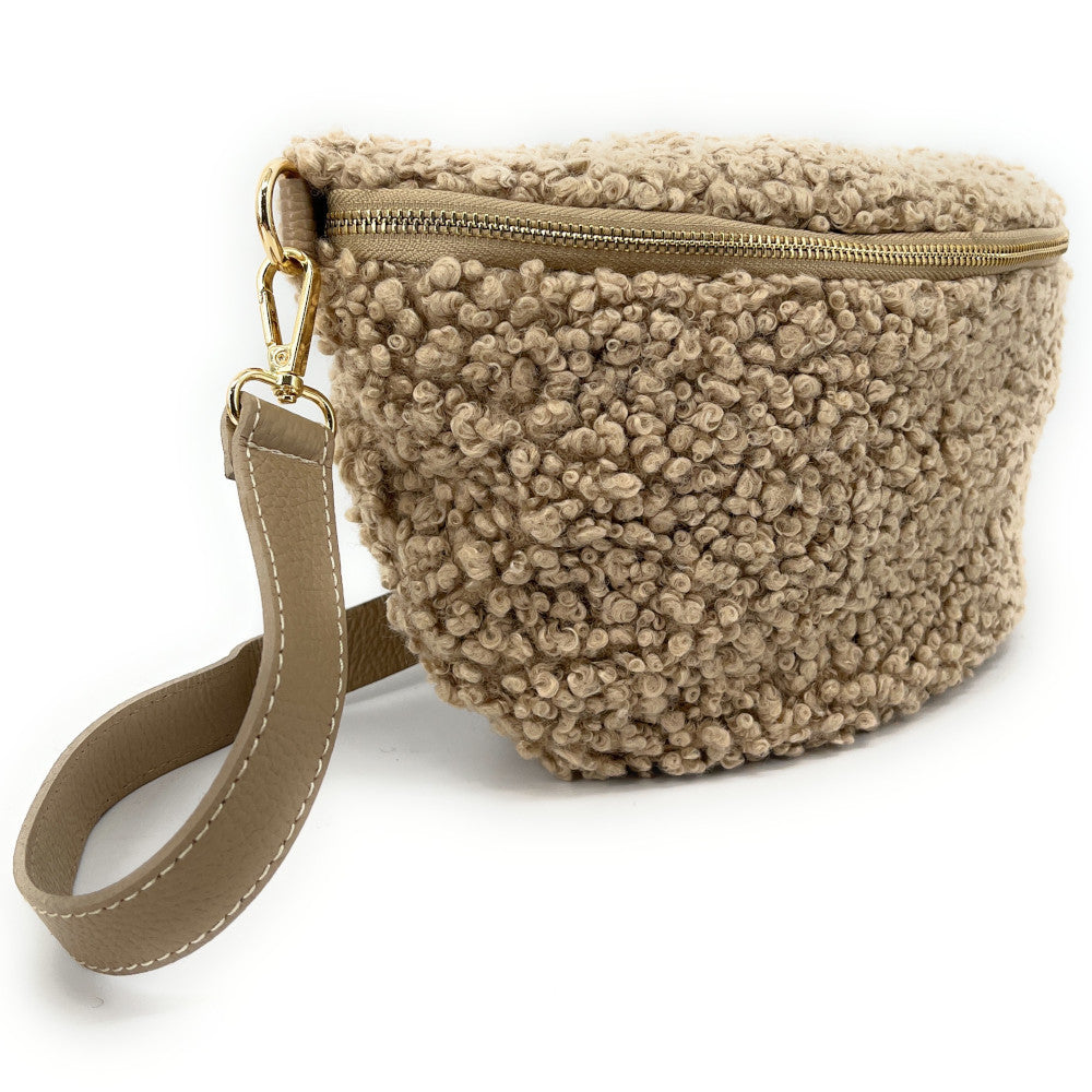 Grand sac banane en cuir et peluche LOU PILOU L Taupe clair