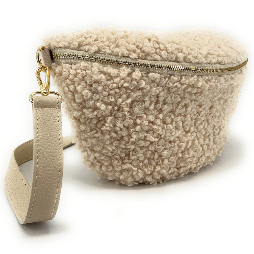 Grand sac banane en cuir et peluche LOU PILOU L Beige crème