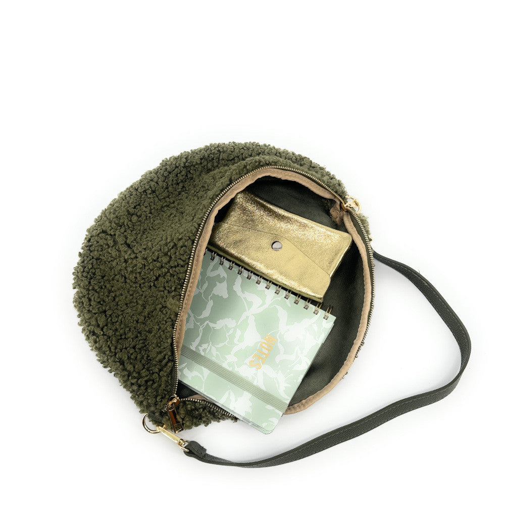 Grand sac banane en cuir et peluche LOU PILOU L Kaki