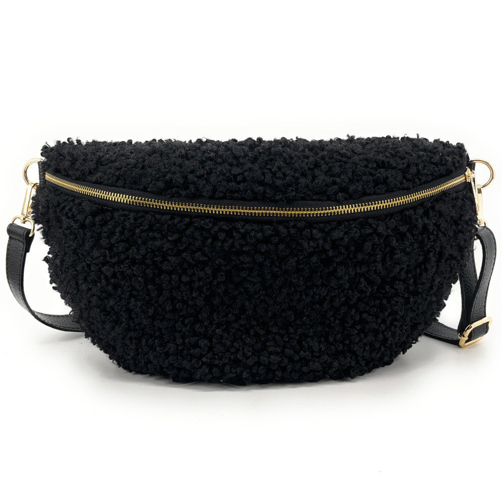Grand sac banane en cuir et peluche LOU PILOU L Noir