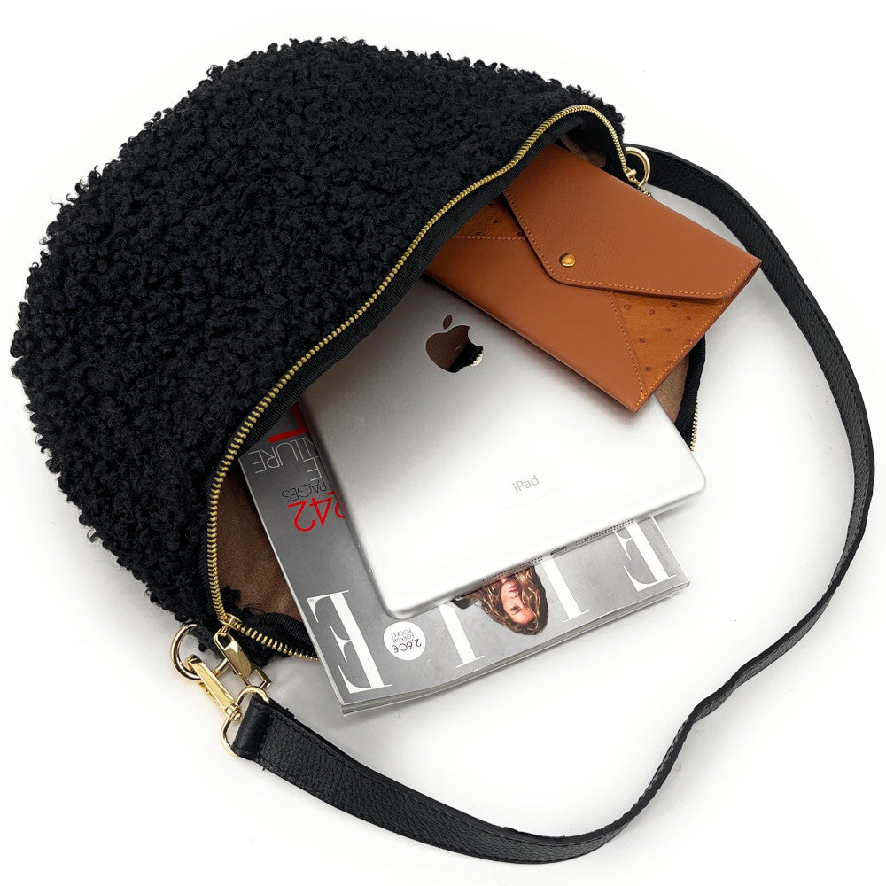 Grand sac banane en cuir et peluche LOU PILOU L Noir