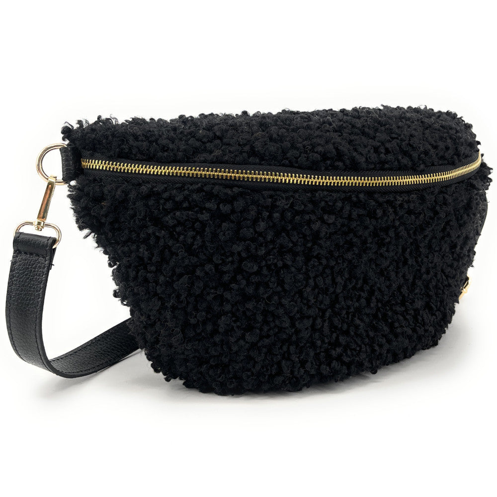 Grand sac banane en cuir et peluche LOU PILOU L Noir