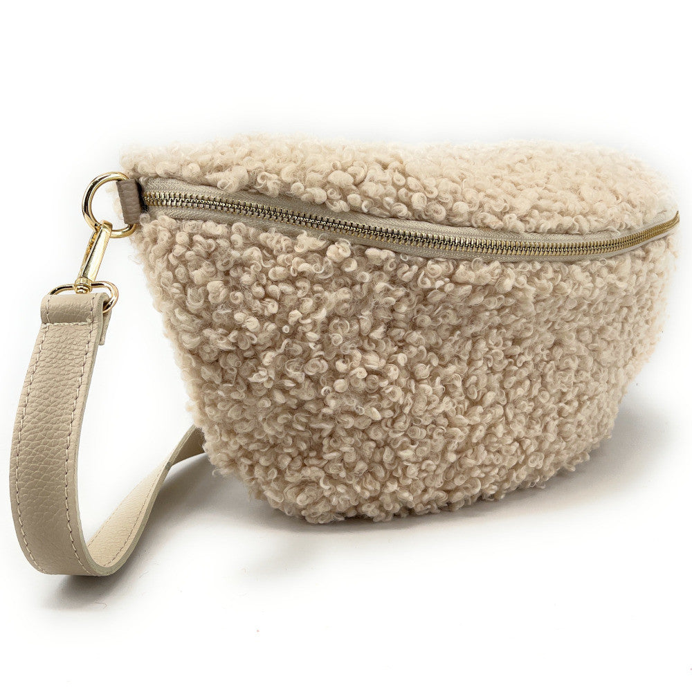 Grand sac banane en cuir et peluche LOU PILOU L Beige crème