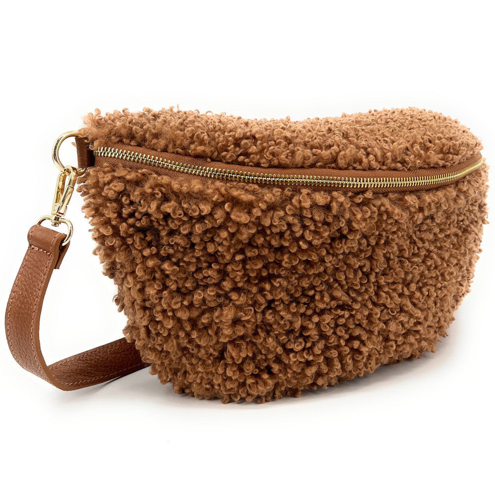 Grand sac banane en cuir et peluche LOU PILOU L Camel foncé