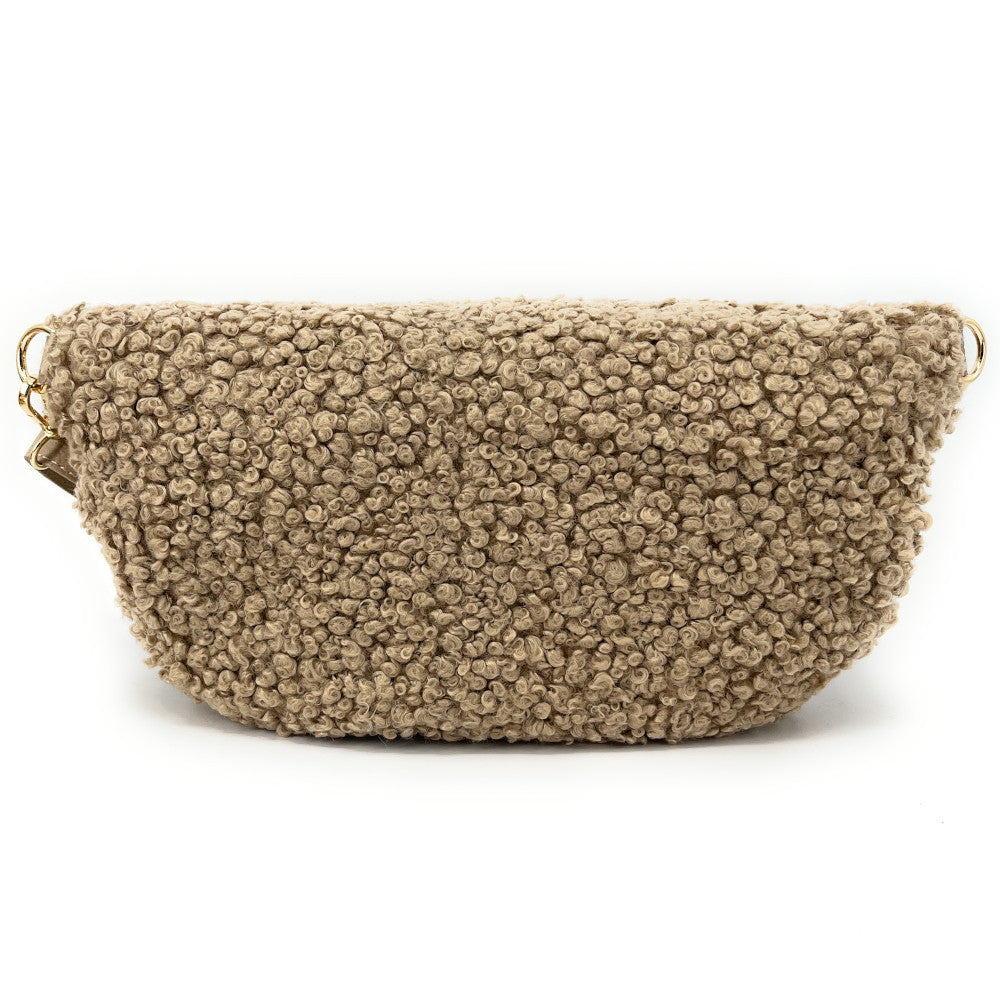 Grand sac banane en cuir et peluche LOU PILOU L Taupe clair