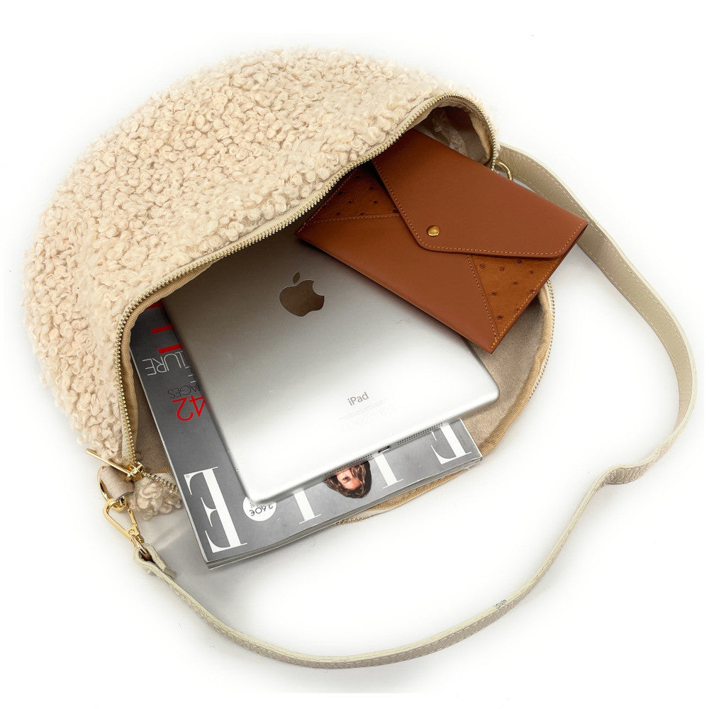 Grand sac banane en cuir et peluche LOU PILOU L Beige crème