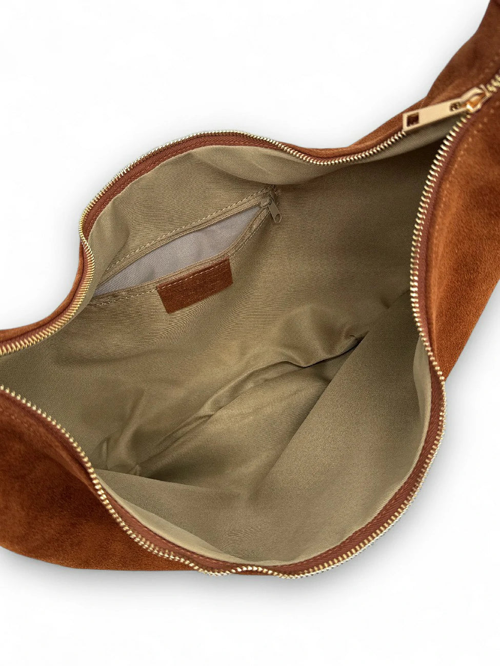 Borsa a tracolla mezzaluna in pelle scamosciata HERMIONE Cannella
