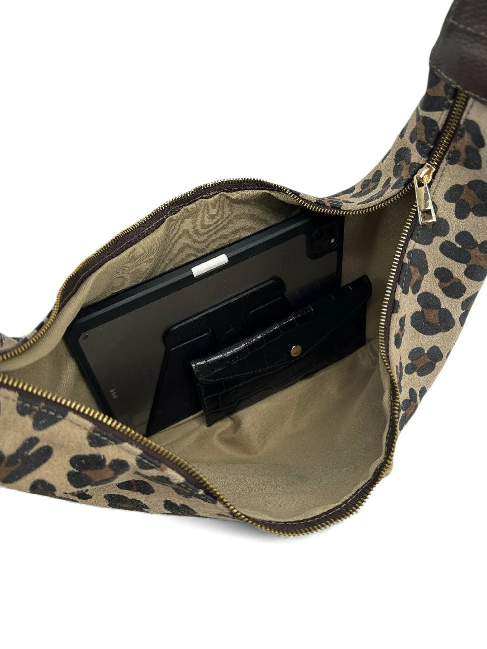 Borsa a tracolla mezzaluna in pelle scamosciata HERMIONE Leopardo