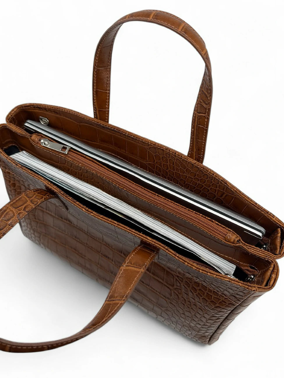 Bolso shopper de piel charol efecto cocodrilo BE LADY Camel oscuro