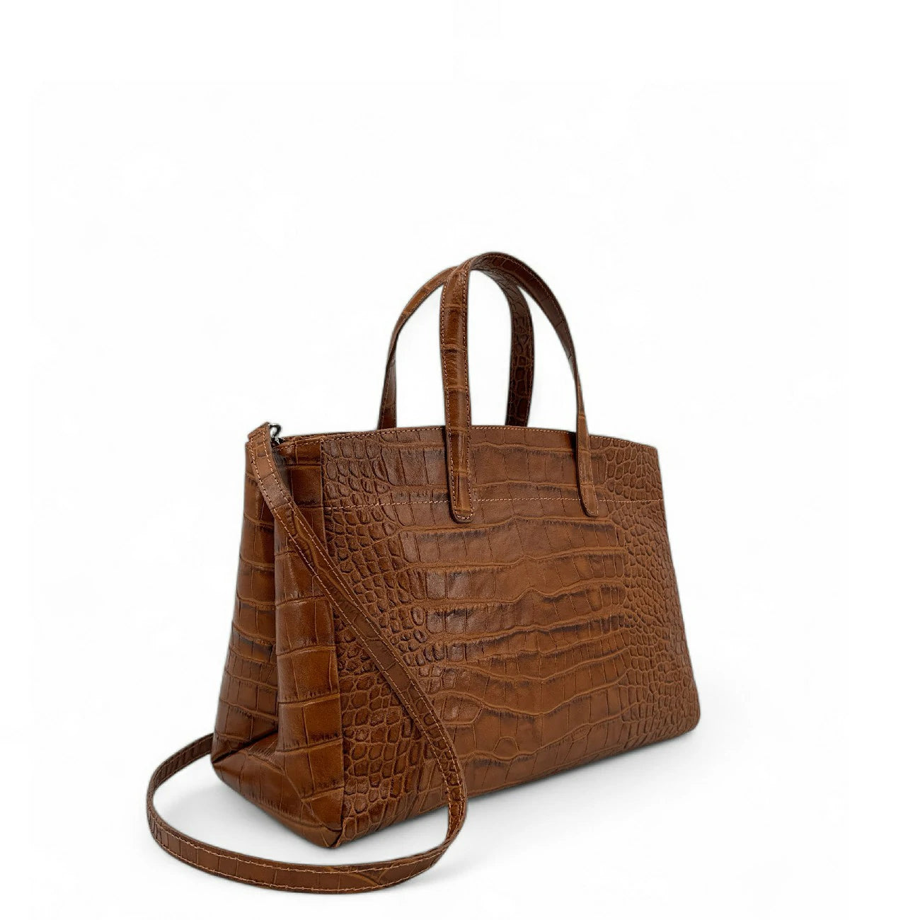 Sac cabas en cuir verni façon croco BE LADY Camel foncé
