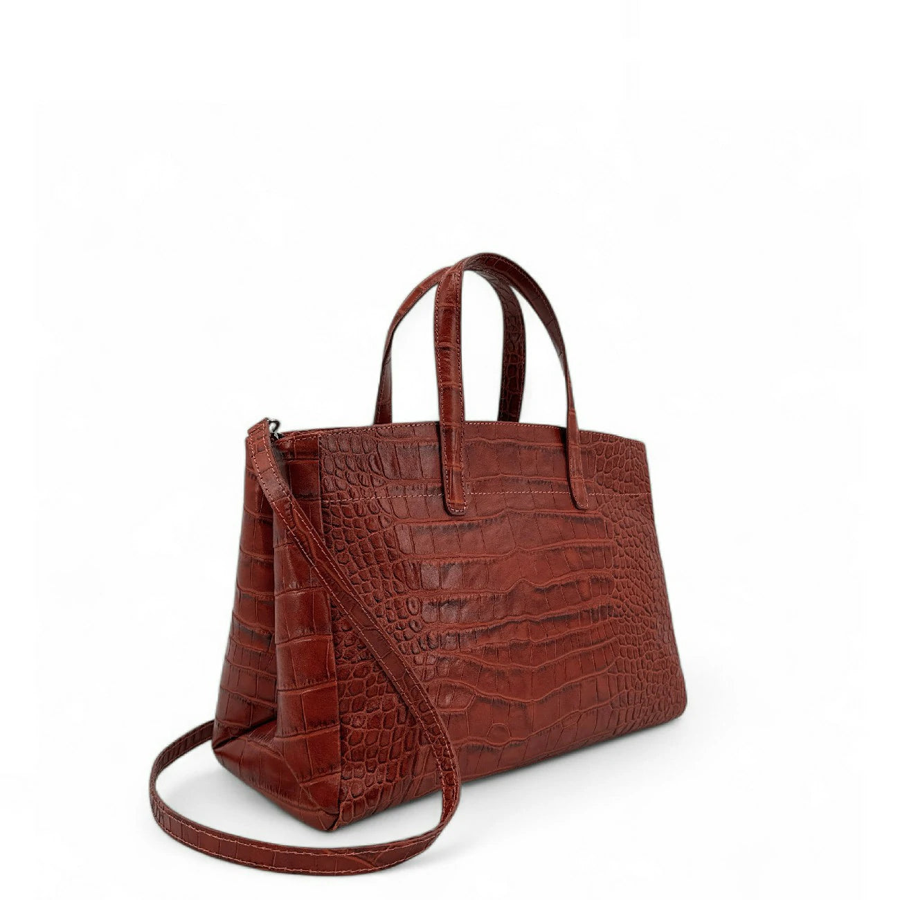 Sac cabas en cuir verni façon croco BE LADY Cognac foncé