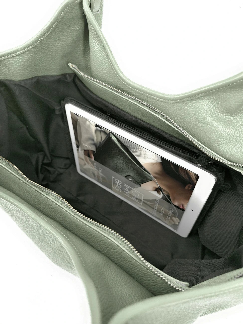 Shopper aus genarbtem Leder ALYSSA Pastellgrün