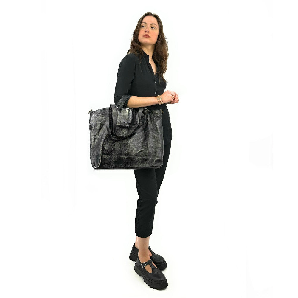 Grand sac cabas en cuir irisé ANDROMEDE Noir irisé