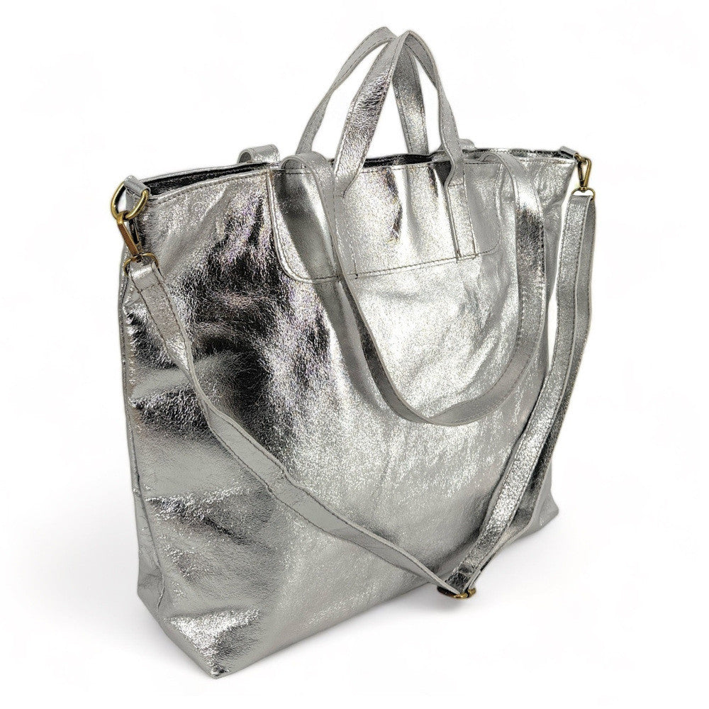 Grand sac cabas en cuir irisé ANDROMEDE Argent moyen
