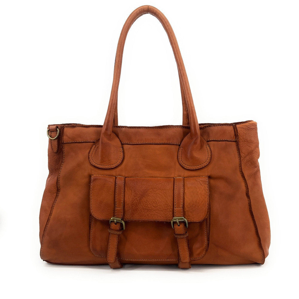 Grand sac cabas en cuir vintage ALBUS Camel foncé