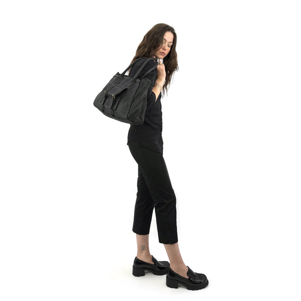 Grand sac cabas en cuir vintage ALBUS Noir