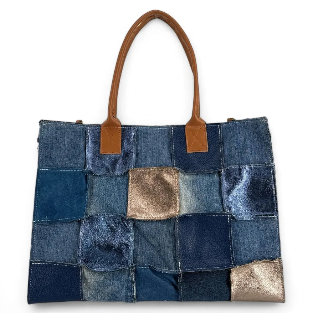 Grand sac cabas en toile et cuir KANTHA Bleu denim