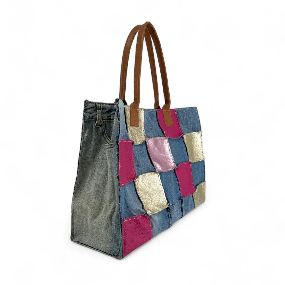 Grand sac cabas en toile et cuir KANTHA Rose fuchsia