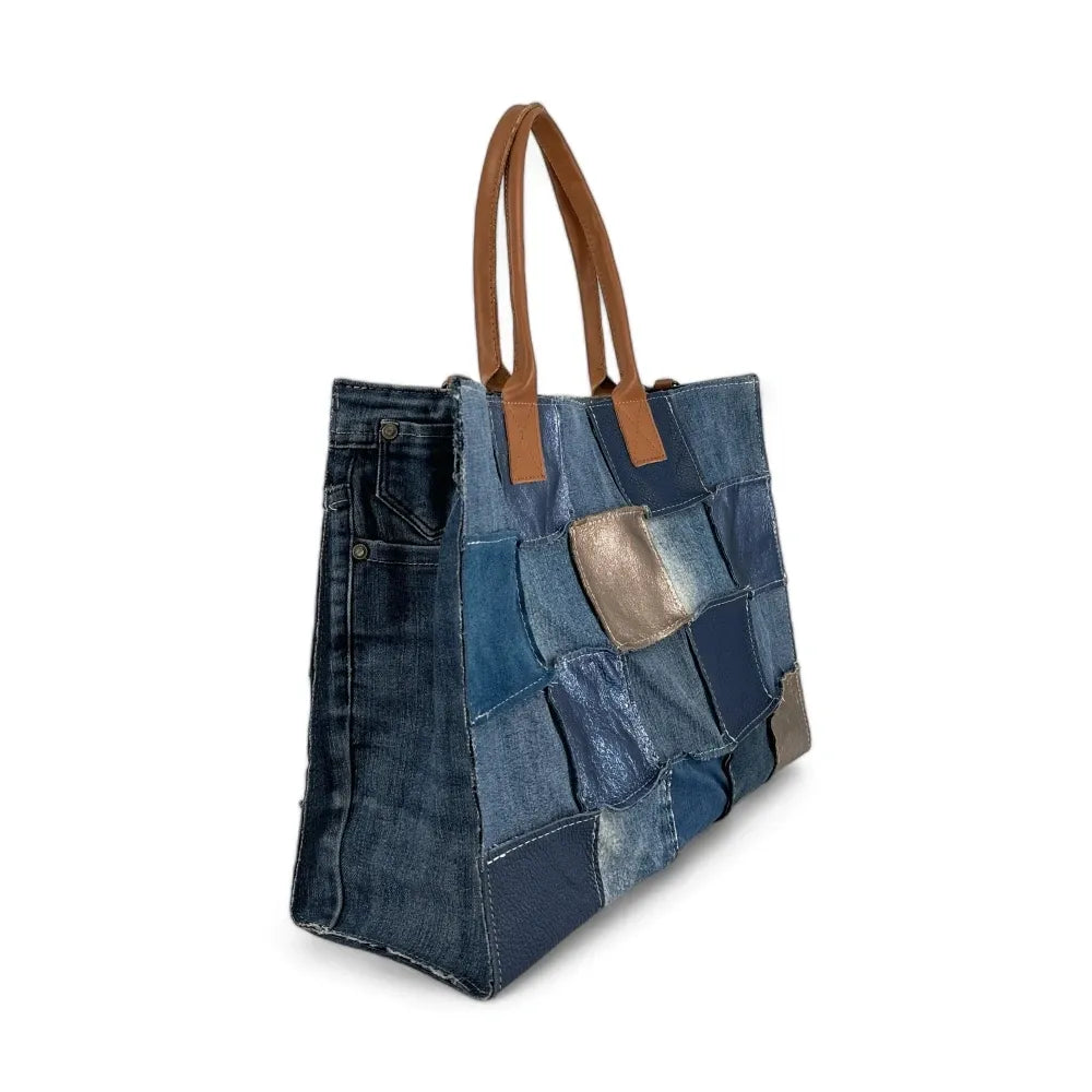 Grand sac cabas en toile et cuir KANTHA Bleu denim