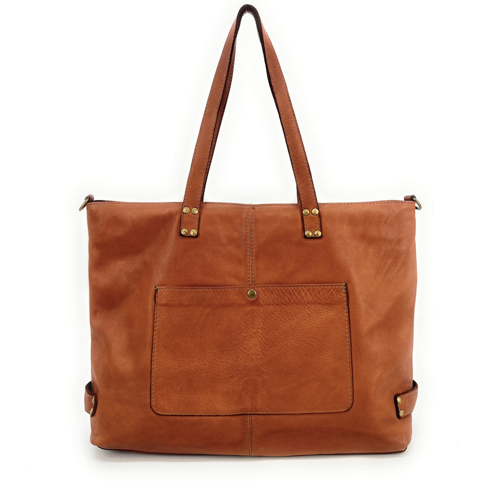 Grand sac cabas femme en cuir vintage ASTERIA Camel foncé