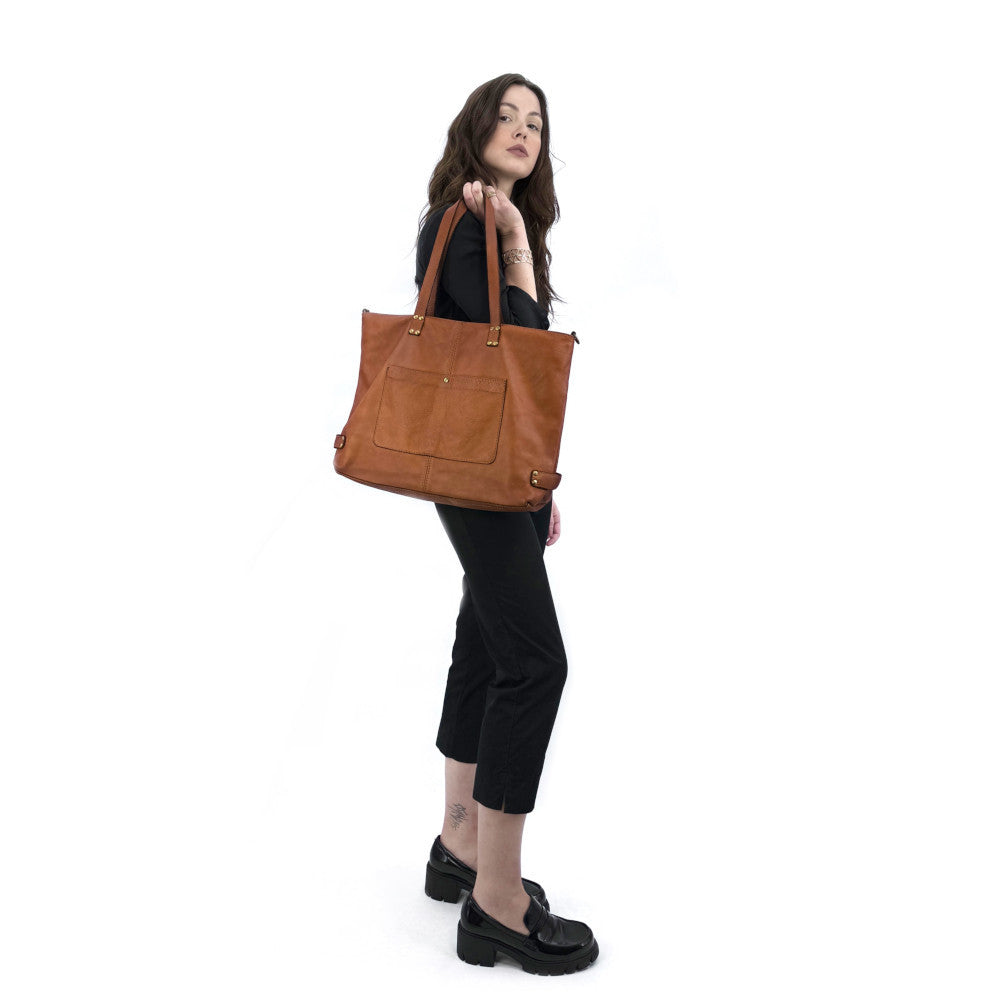 Grand sac cabas femme en cuir vintage ASTERIA Camel foncé