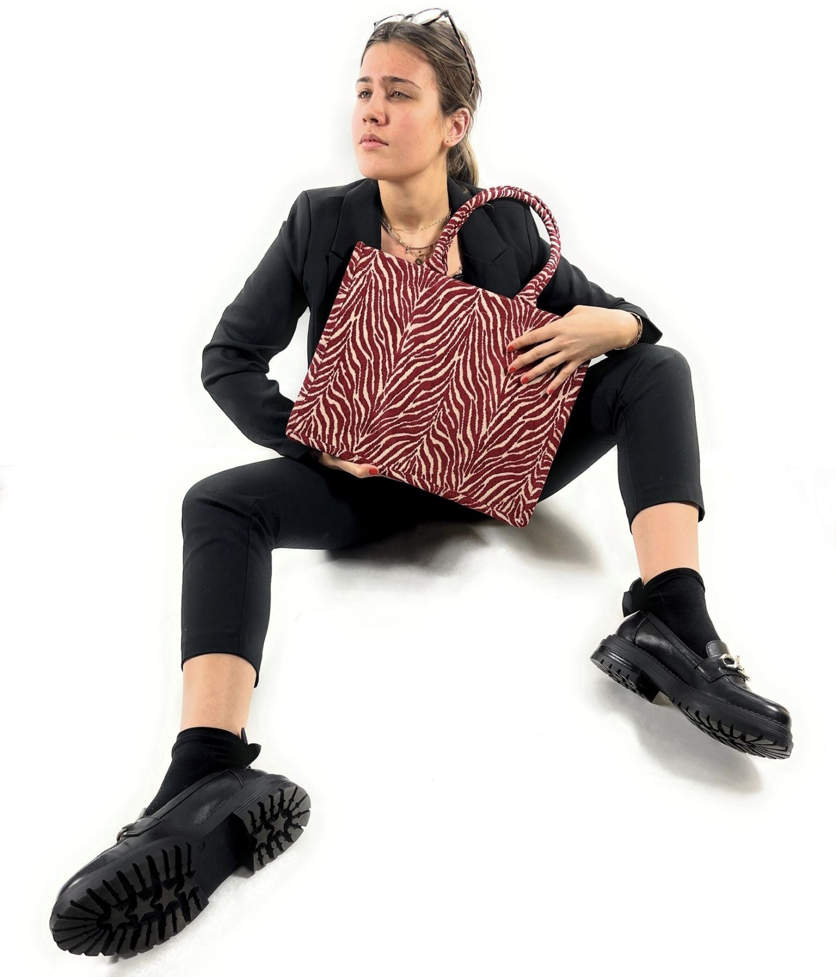 Grand sac cabas rigide en velours tissé ZEBRA Rubis