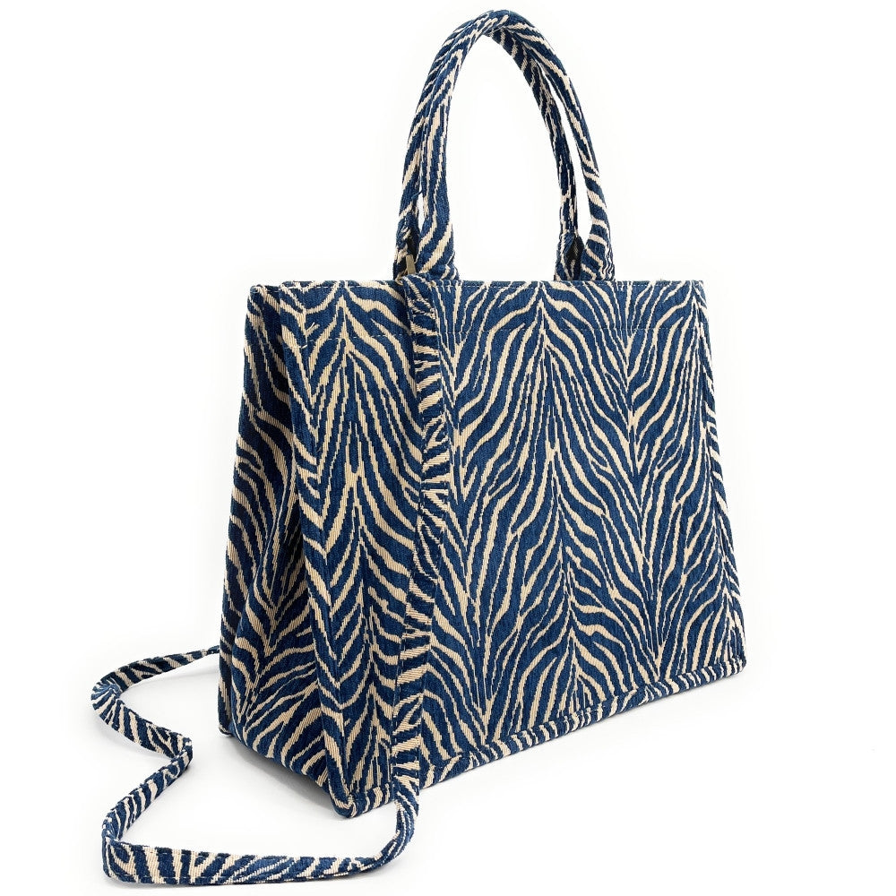 Grand sac cabas rigide en velours tissé ZEBRA Bleu cobalt