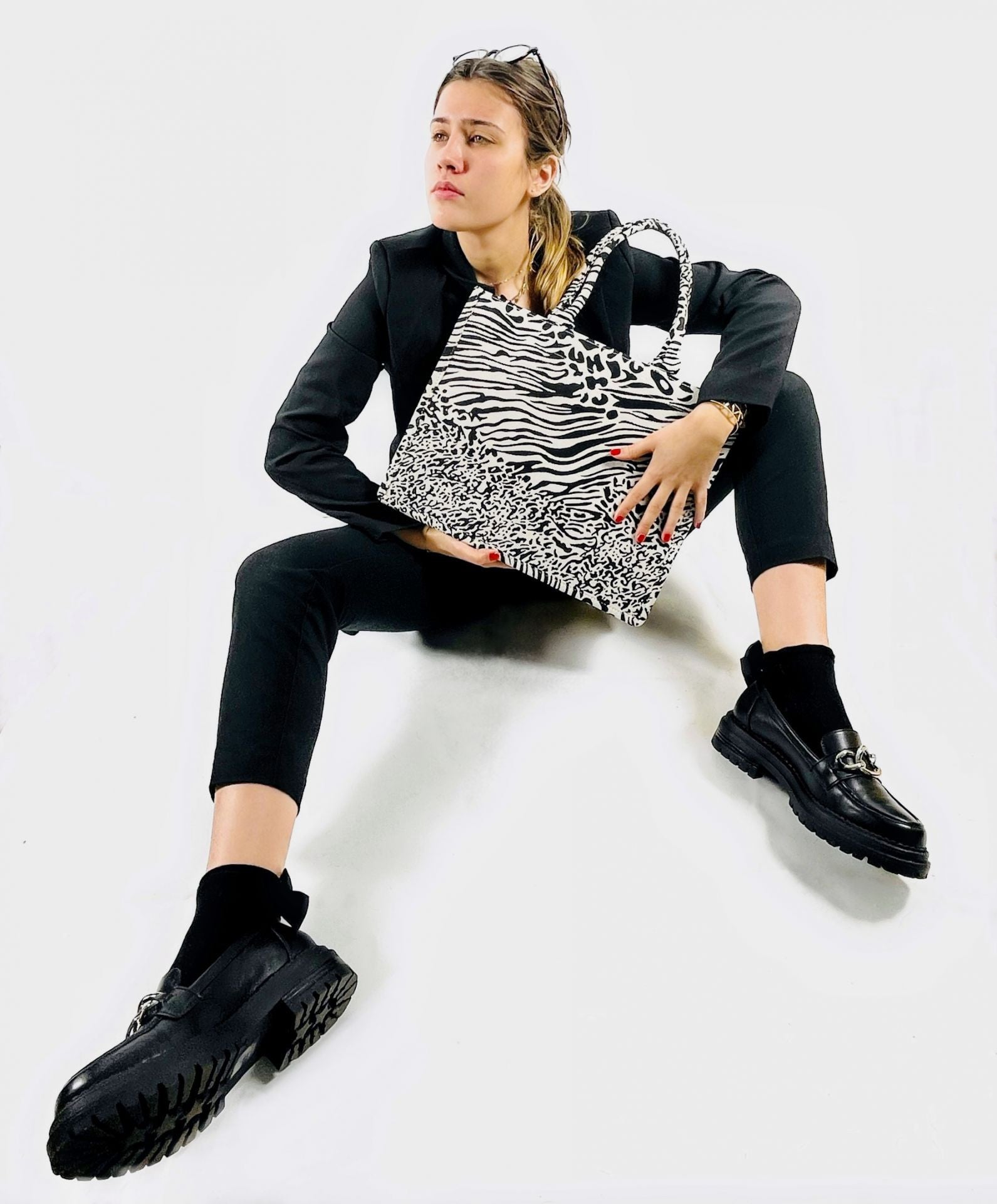 Grand sac cabas rigide en velours tissé ZEBRA Onyx