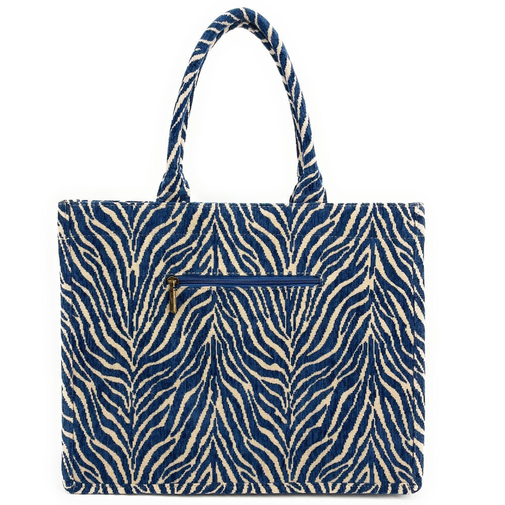 Grand sac cabas rigide en velours tissé ZEBRA Bleu cobalt