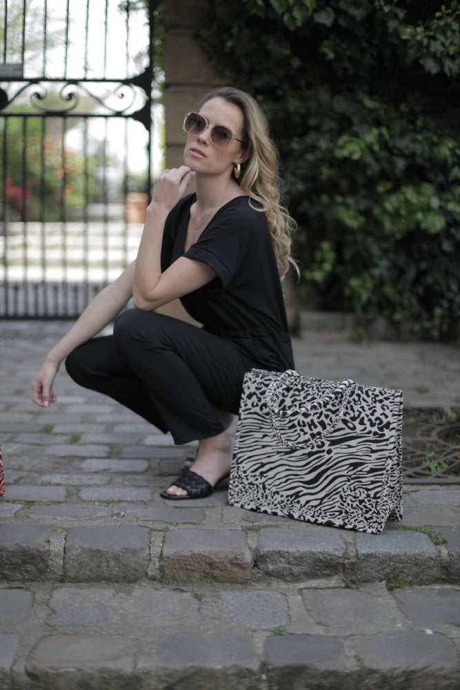 Grand sac cabas rigide en velours tissé ZEBRA Onyx
