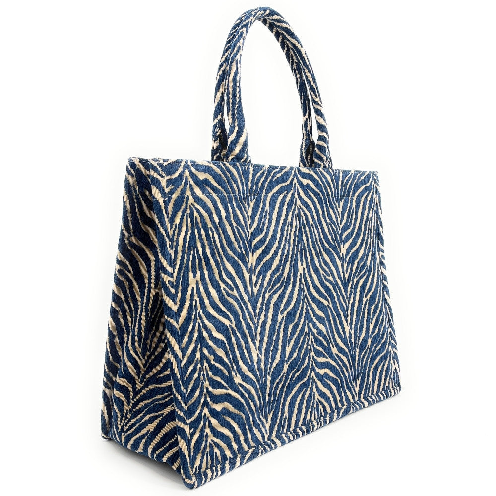 Grand sac cabas rigide en velours tissé ZEBRA Bleu cobalt