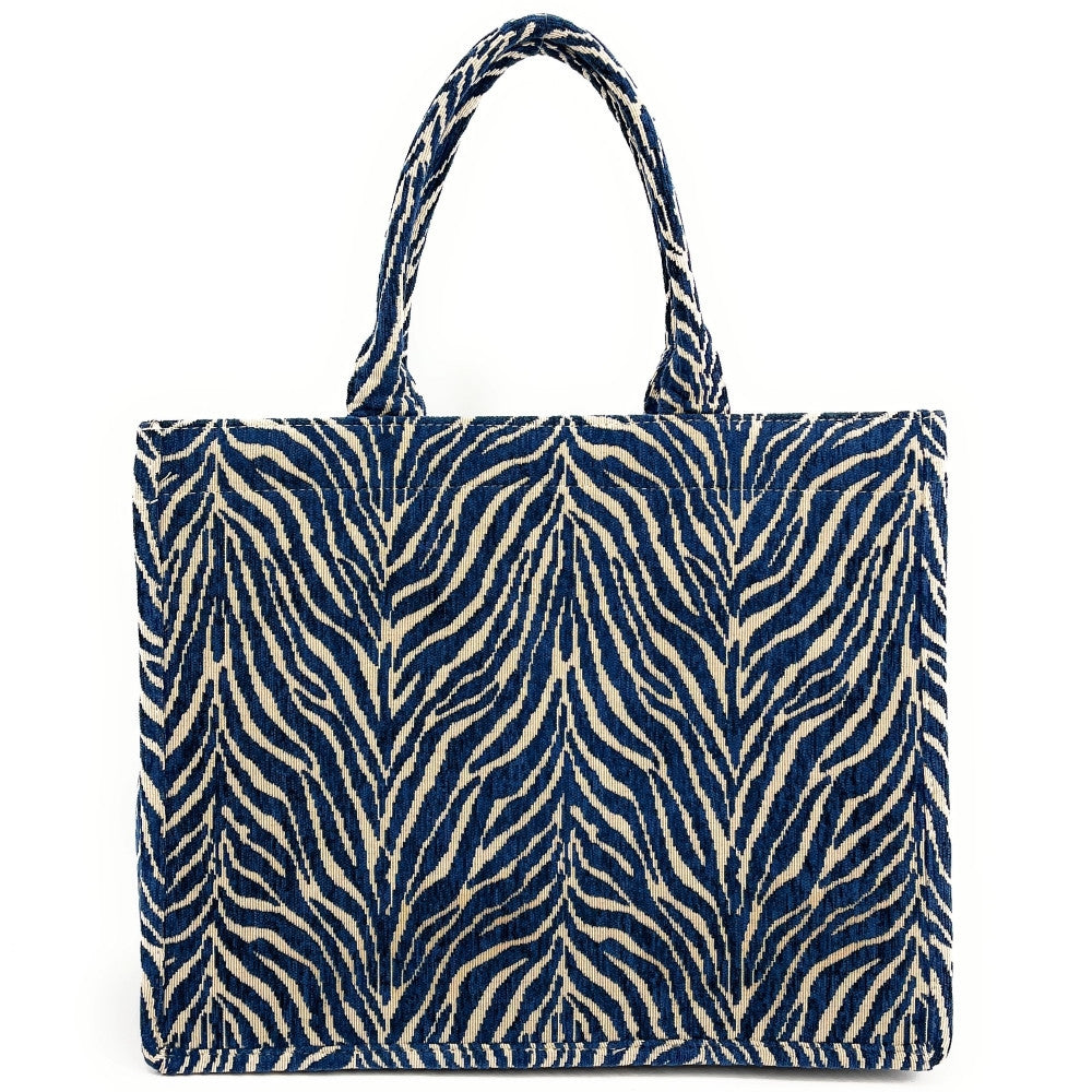 Grand sac cabas rigide en velours tissé ZEBRA Bleu cobalt