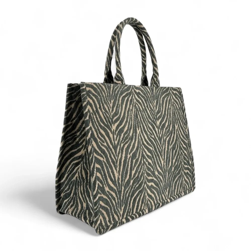 Grand sac cabas rigide en velours tissé ZEBRA Kaki clair