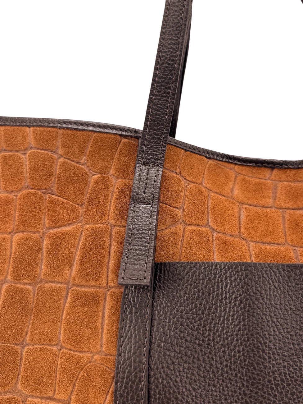 Bolso tote grande de piel granulada y ante VENICE Marrón camel oscuro
