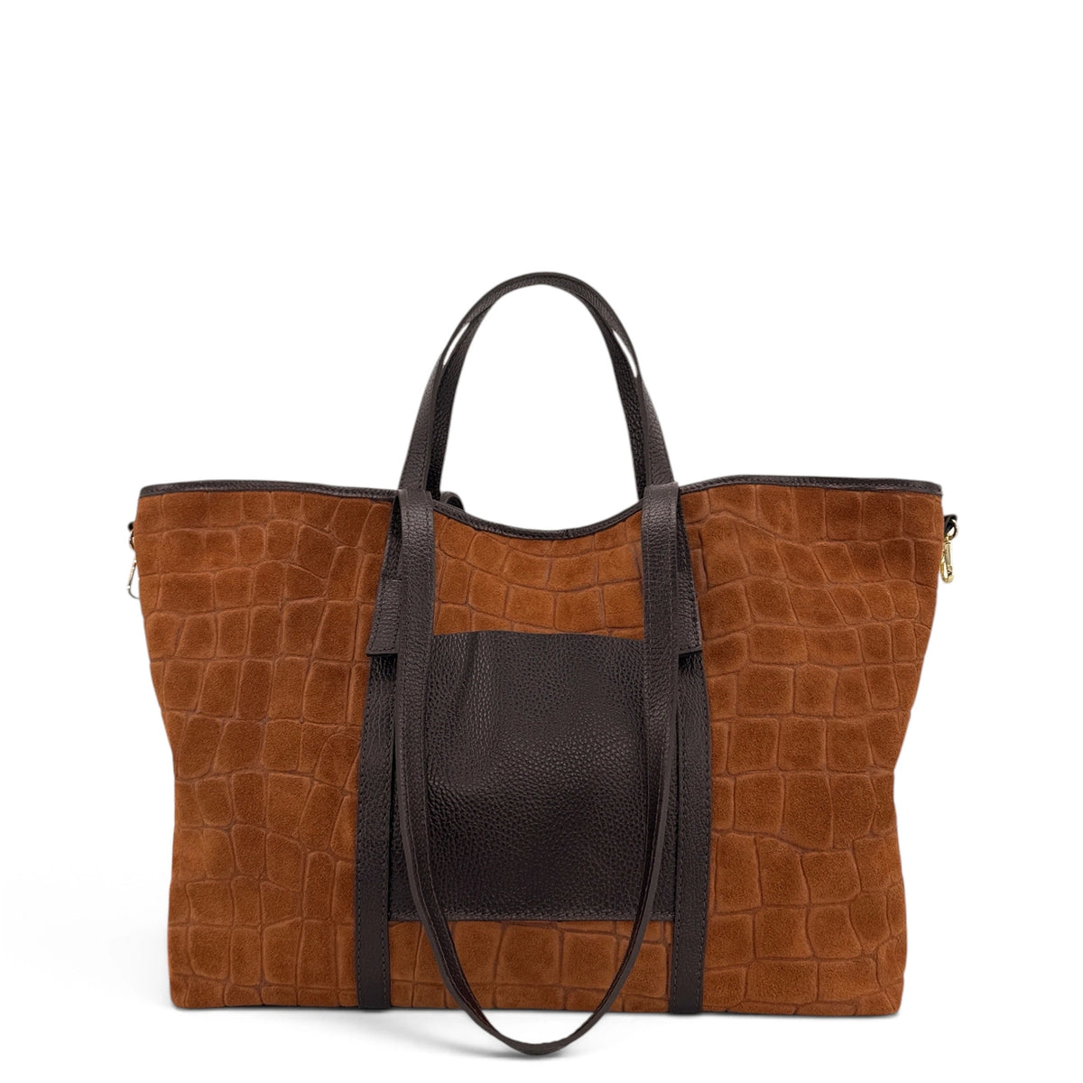 Bolso tote grande de piel granulada y ante VENICE Marrón camel oscuro