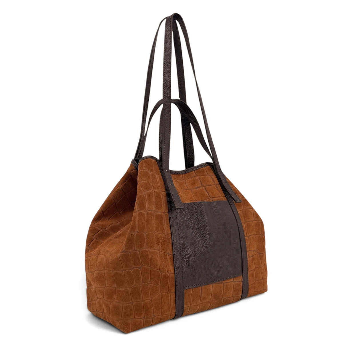 Bolso tote grande de piel granulada y ante VENICE Marrón camel oscuro