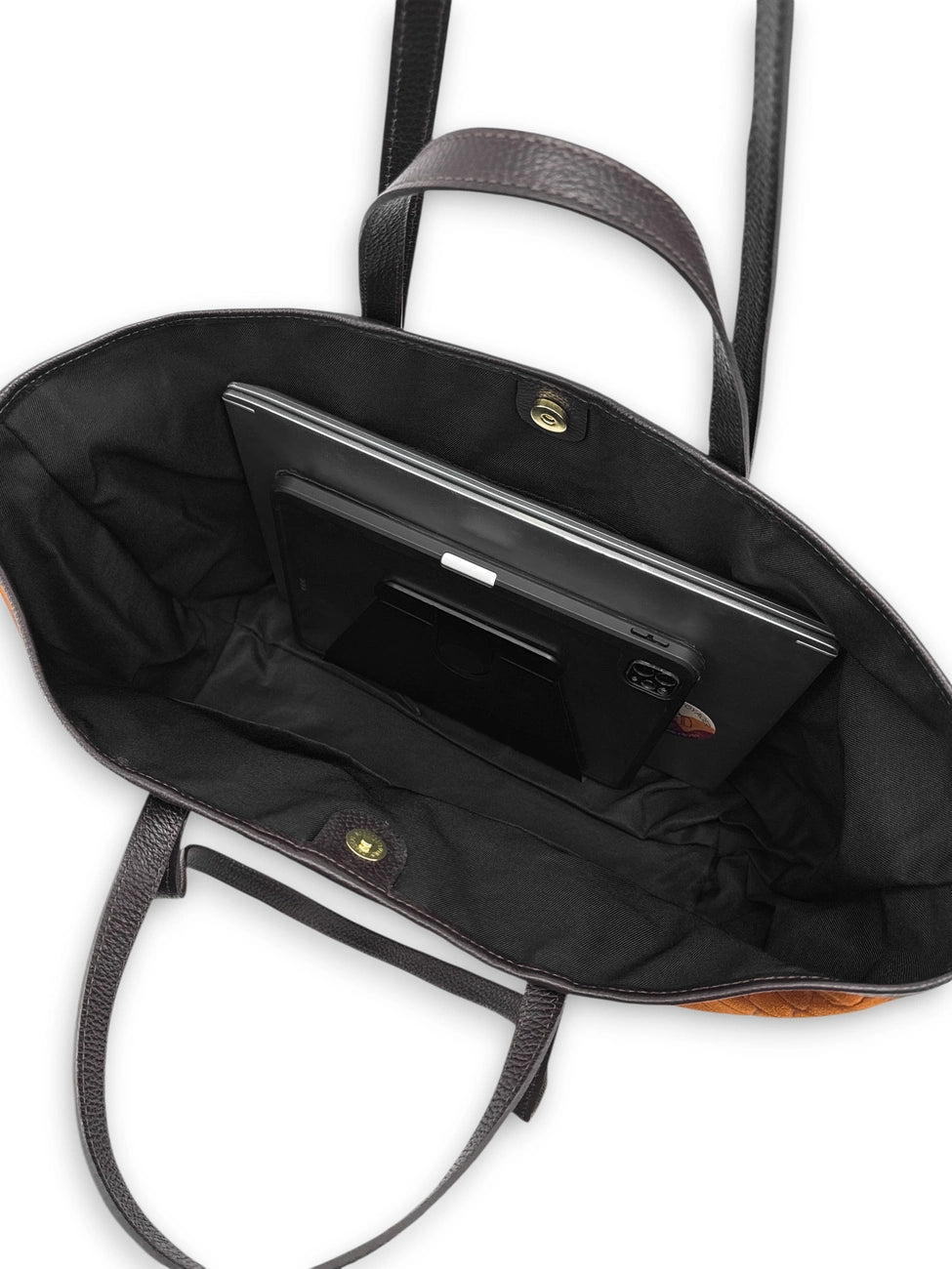 Bolso tote grande de piel granulada y ante VENICE Marrón camel oscuro