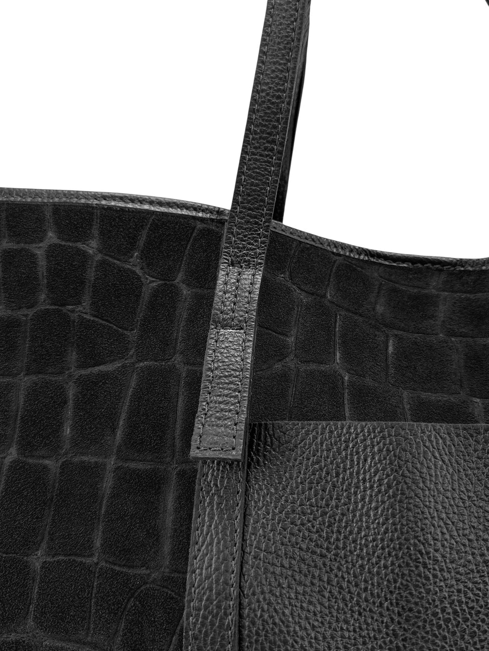 VENICE large grained leather and suede tote bag, Black