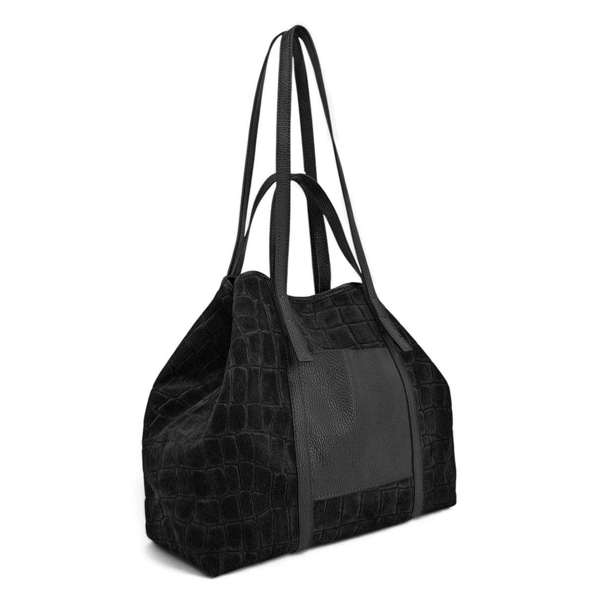 VENICE large grained leather and suede tote bag, Black
