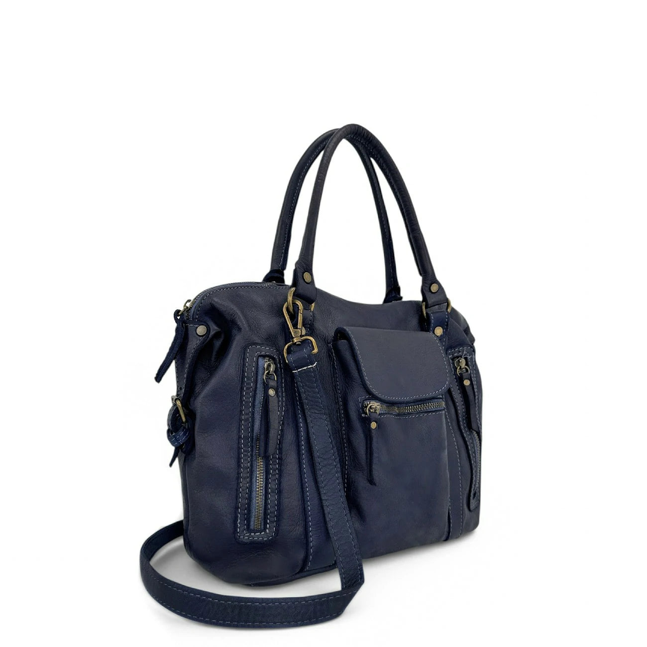Sac porté épaule en cuir vintage MISS MY Bleu marine
