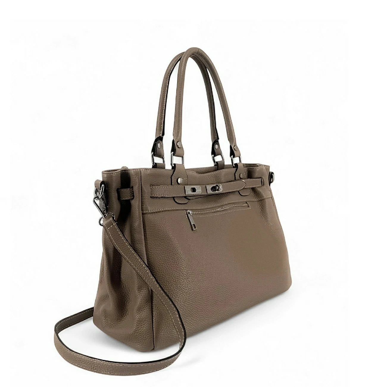 Sac cabas en cuir grainé JANET SILVER Taupe foncé