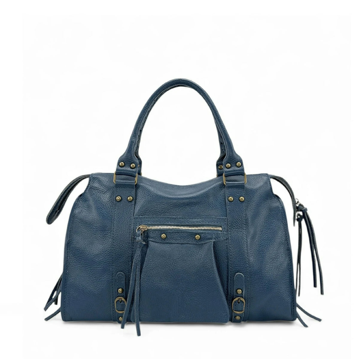 Large bowling-style bag in grained leather SANDSTORM Teal Blue