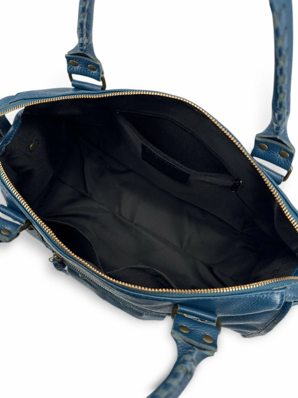 Large bowling-style bag in grained leather SANDSTORM Teal Blue