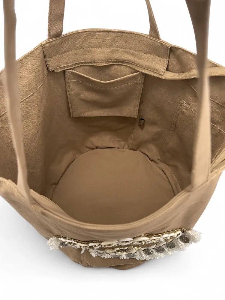 Grand sac en coton et perles I SEA YOU Taupe