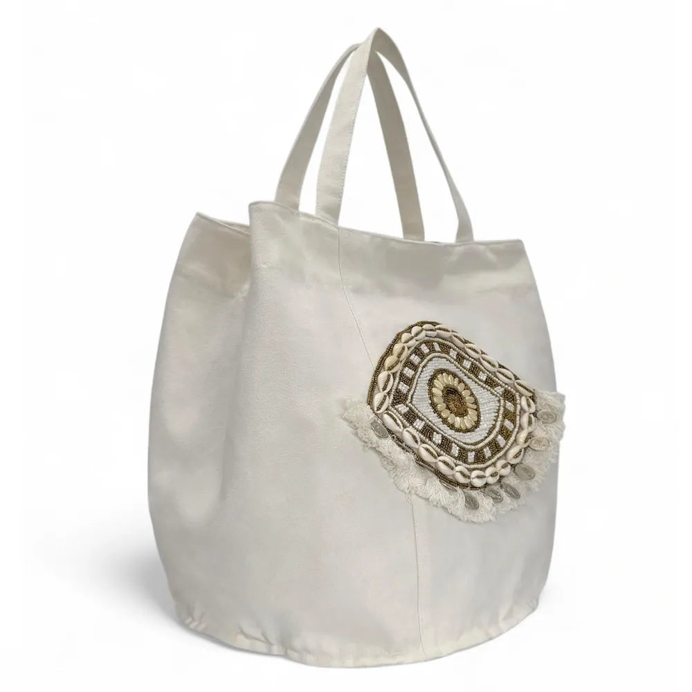 Grand sac en coton et perles I SEA YOU Blanc