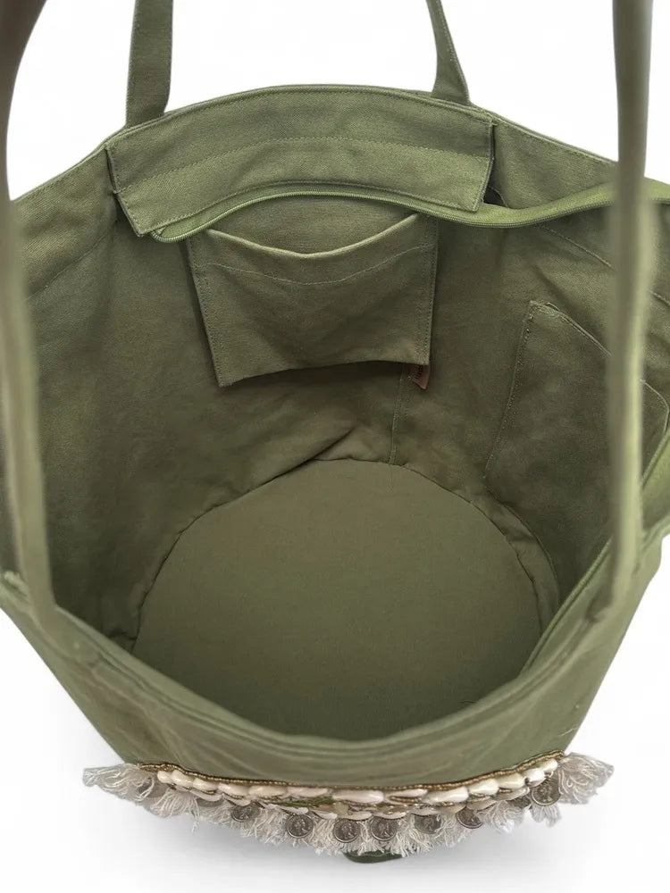 Grand sac en coton et perles I SEA YOU Kaki