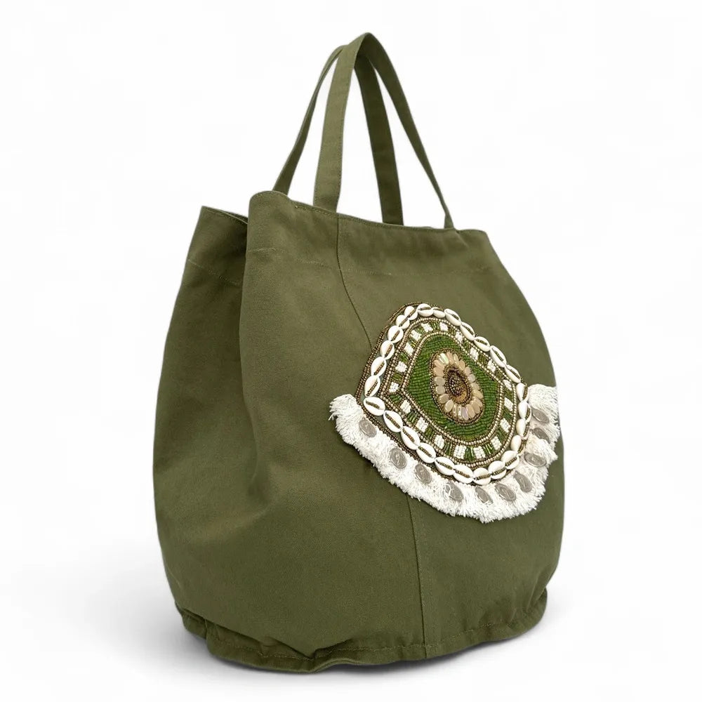 Grand sac en coton et perles I SEA YOU Kaki