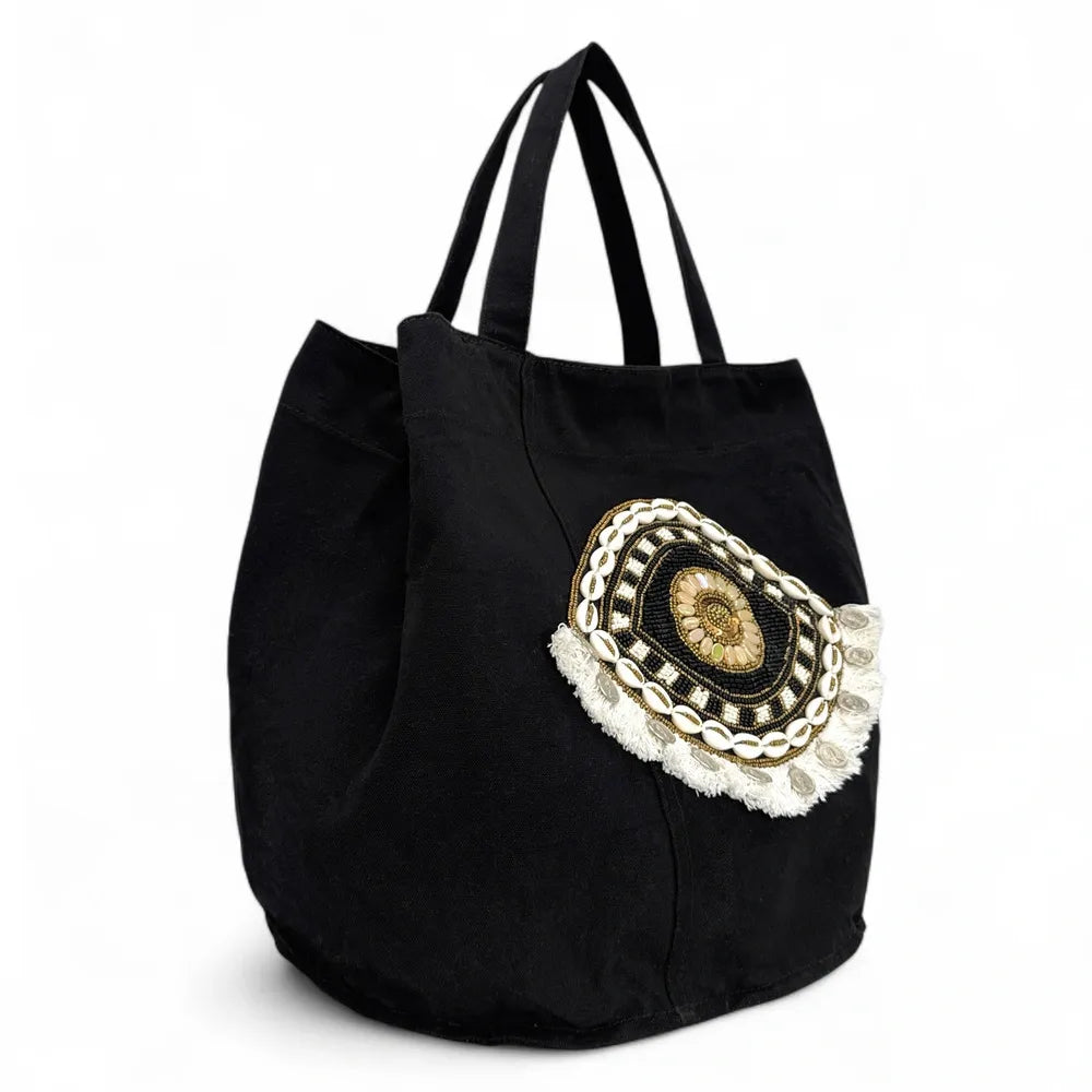Grand sac en coton et perles I SEA YOU Noir