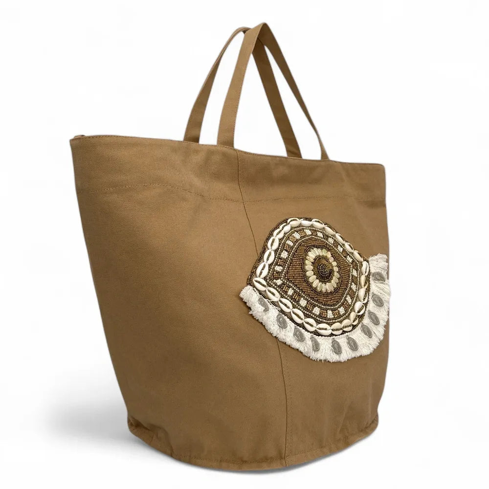 Grand sac en coton et perles I SEA YOU Taupe